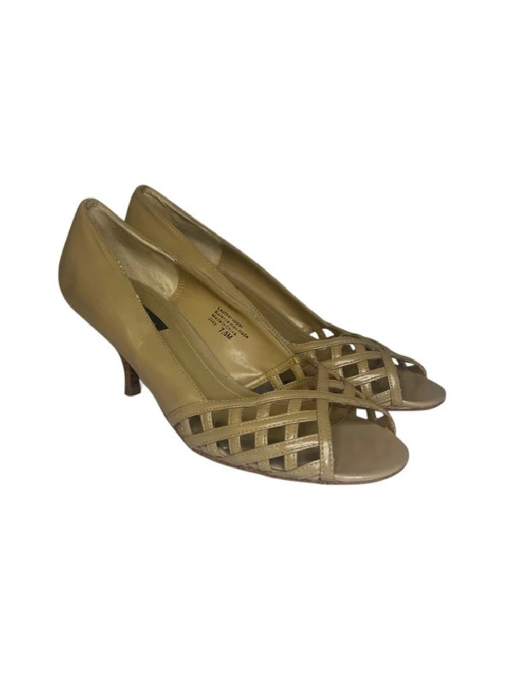 Style & Co Jozy Leather Peep Toe Pumps 7.5 Tan Woven Cage Kitten Heel